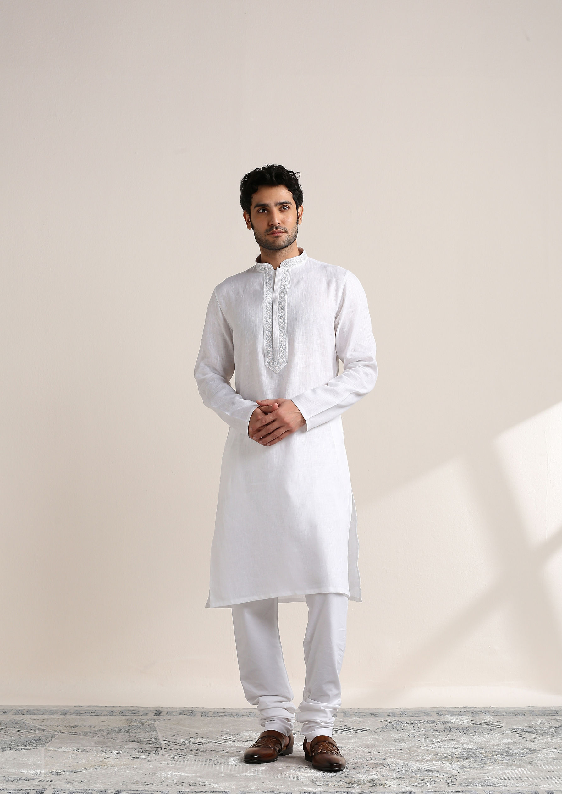 Twamev Men Soft Cream Embroidered Neck Kurta Set