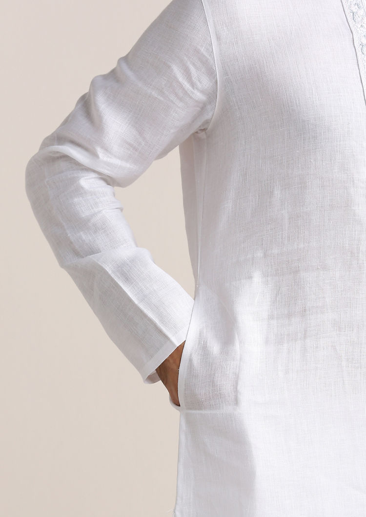 Twamev Men Soft Cream Embroidered Neck Kurta Set