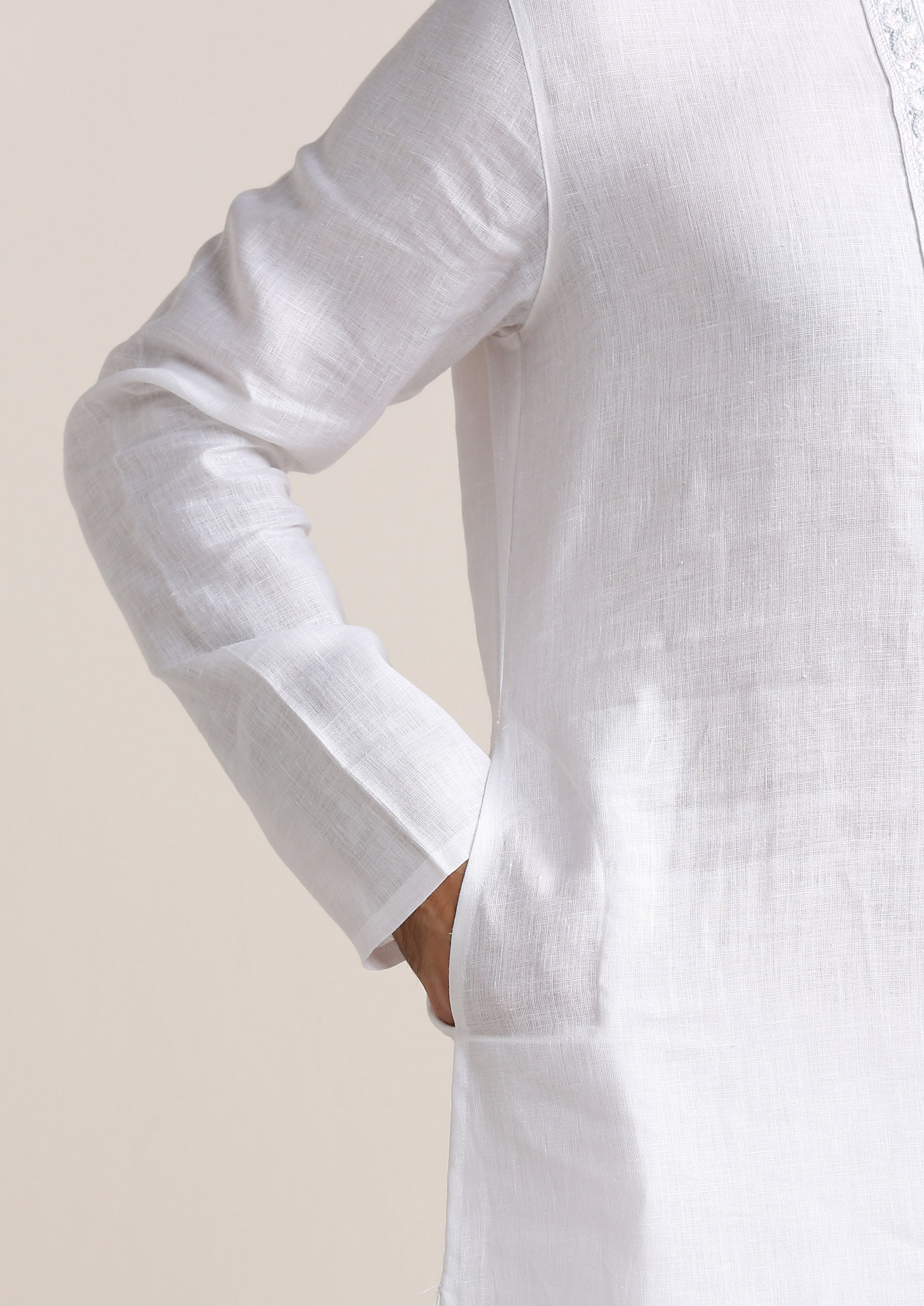 Twamev Men Soft Cream Embroidered Neck Kurta Set