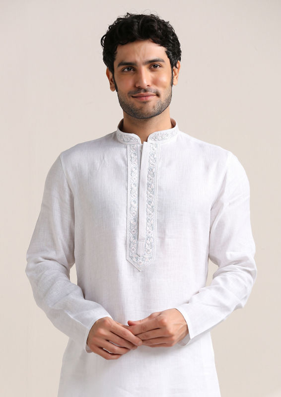 Twamev Men Soft Cream Embroidered Neck Kurta Set