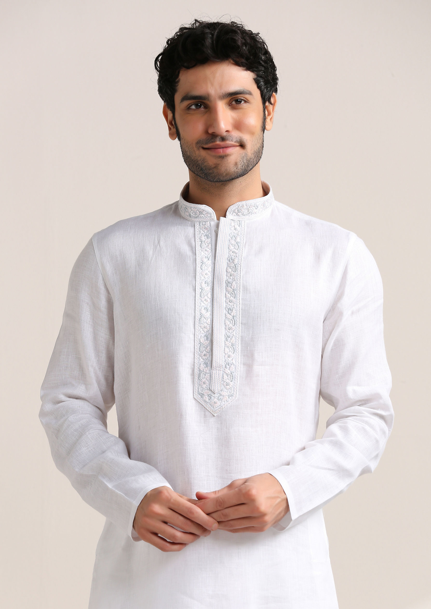Twamev Men Soft Cream Embroidered Neck Kurta Set