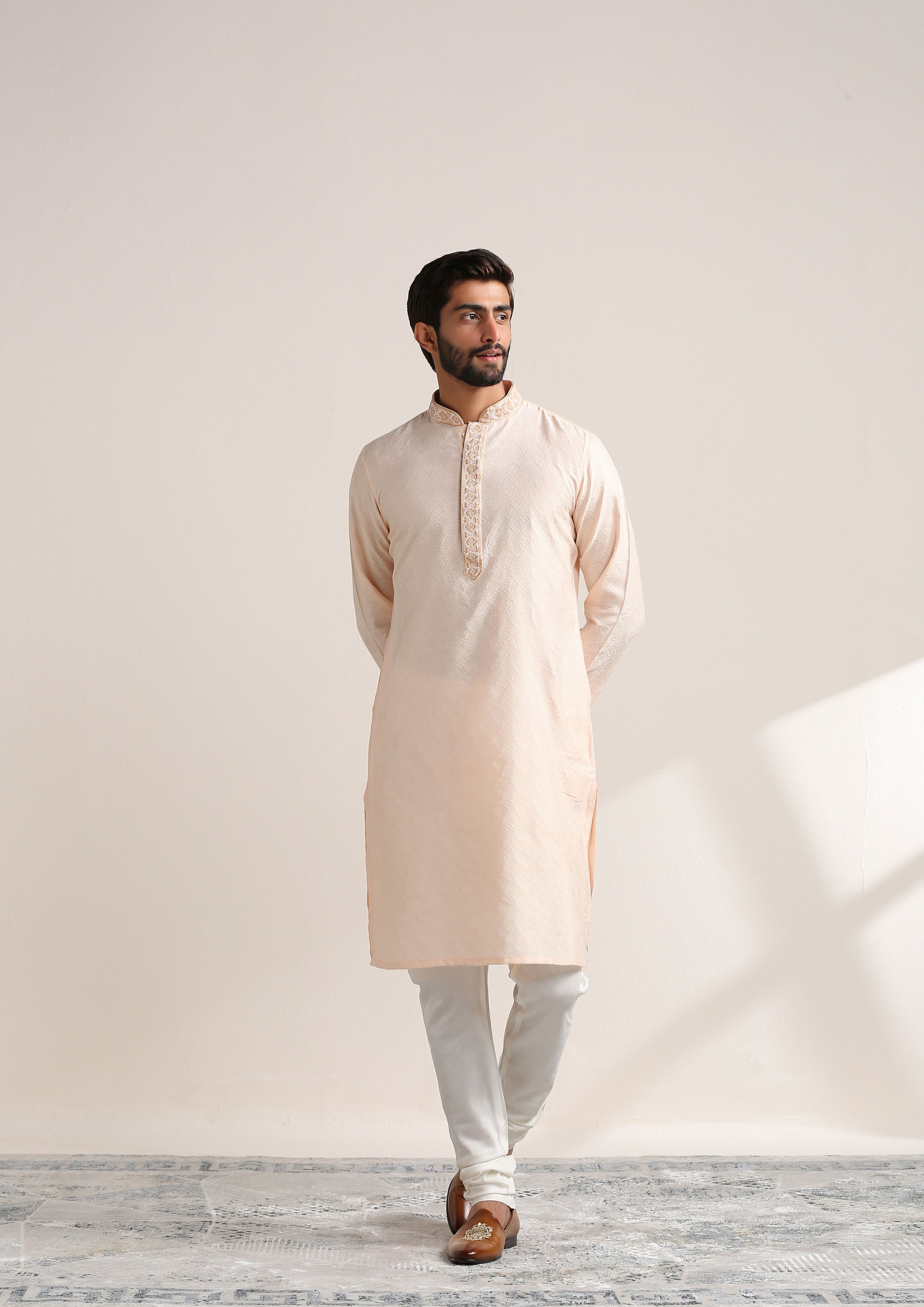 Twamev Men Cream Pink Embroidered Neck Kurta Set