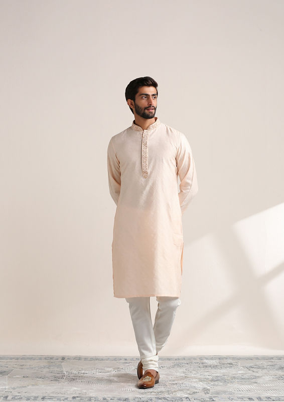 Twamev Men Cream Pink Embroidered Neck Kurta Set