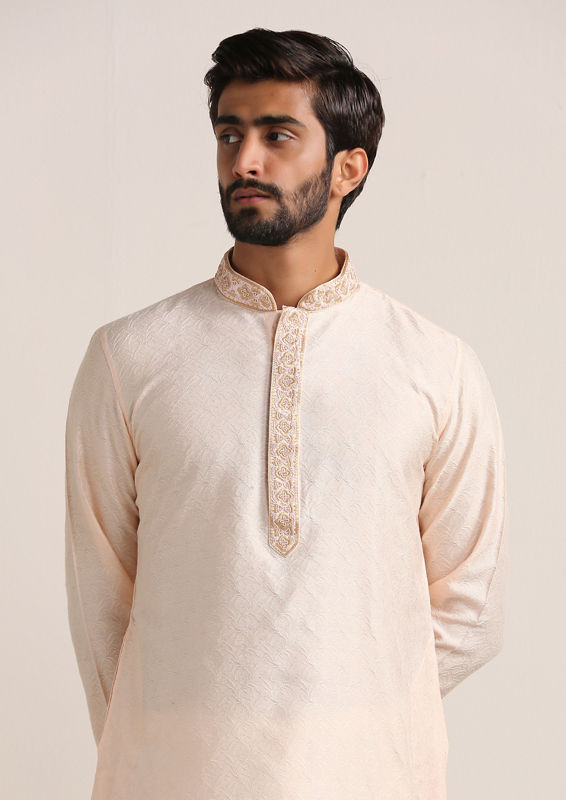 Twamev Men Cream Pink Embroidered Neck Kurta Set