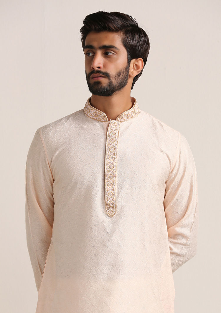 Twamev Men Cream Pink Embroidered Neck Kurta Set