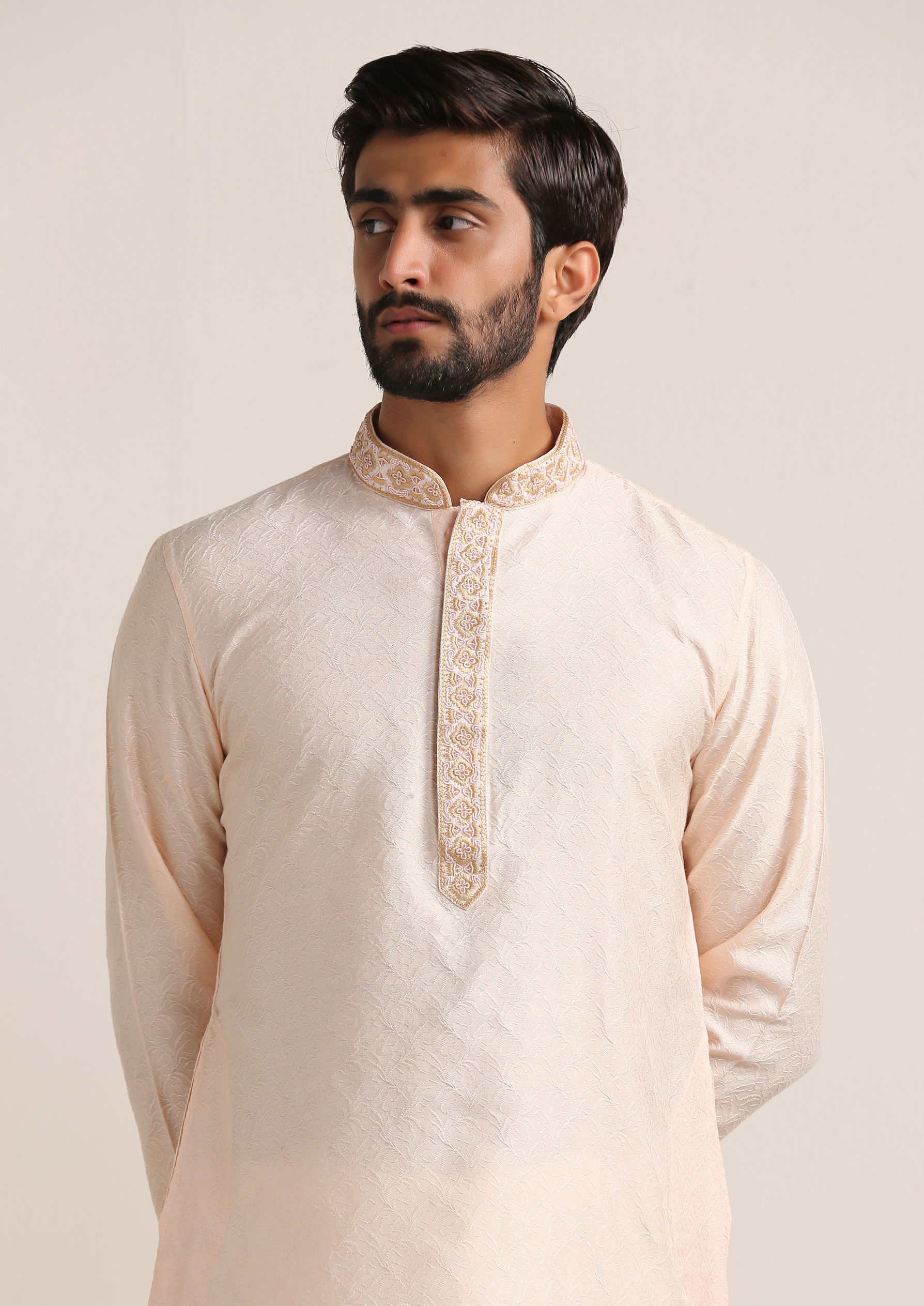 Twamev Men Cream Pink Embroidered Neck Kurta Set