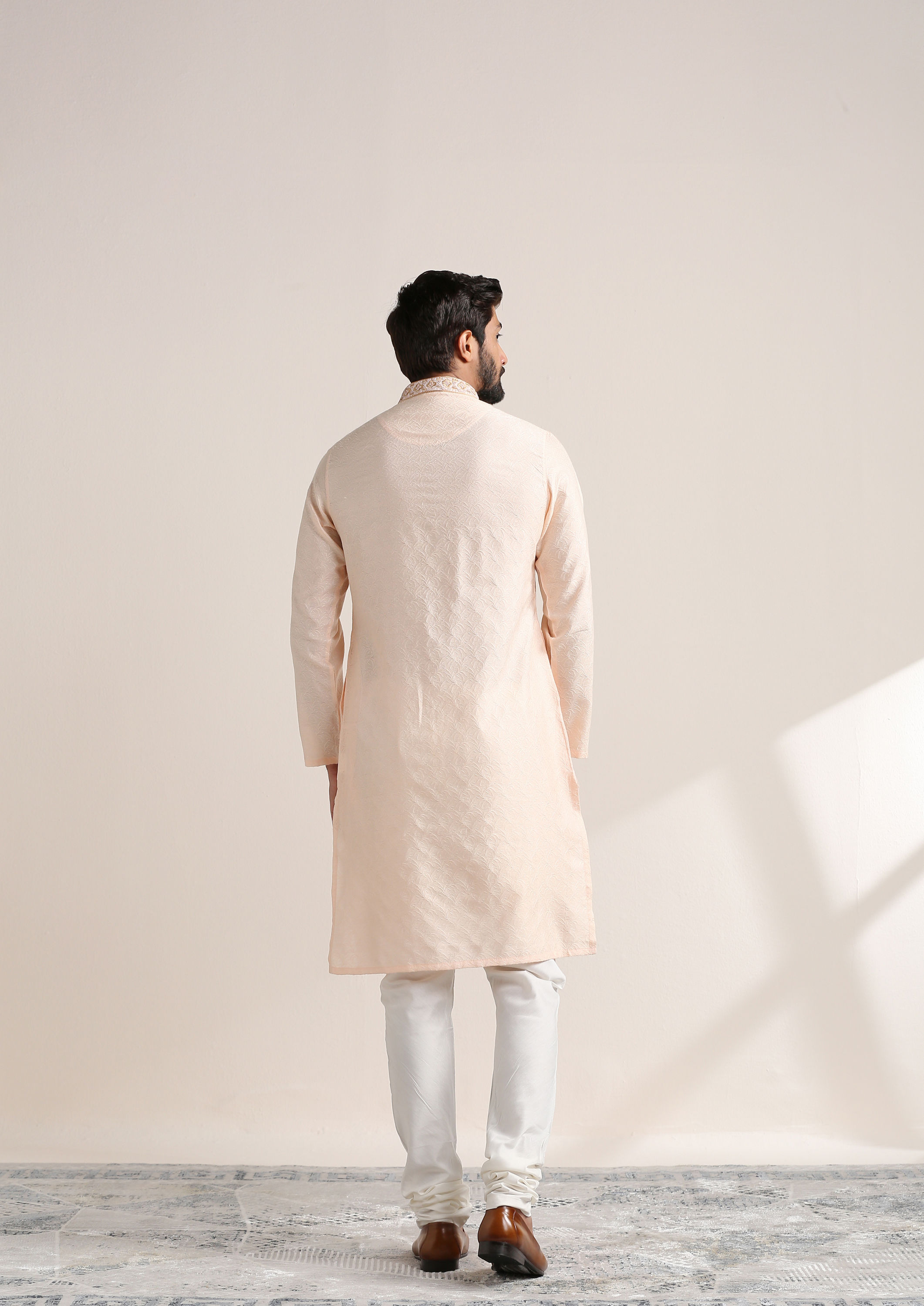 Twamev Men Cream Pink Embroidered Neck Kurta Set