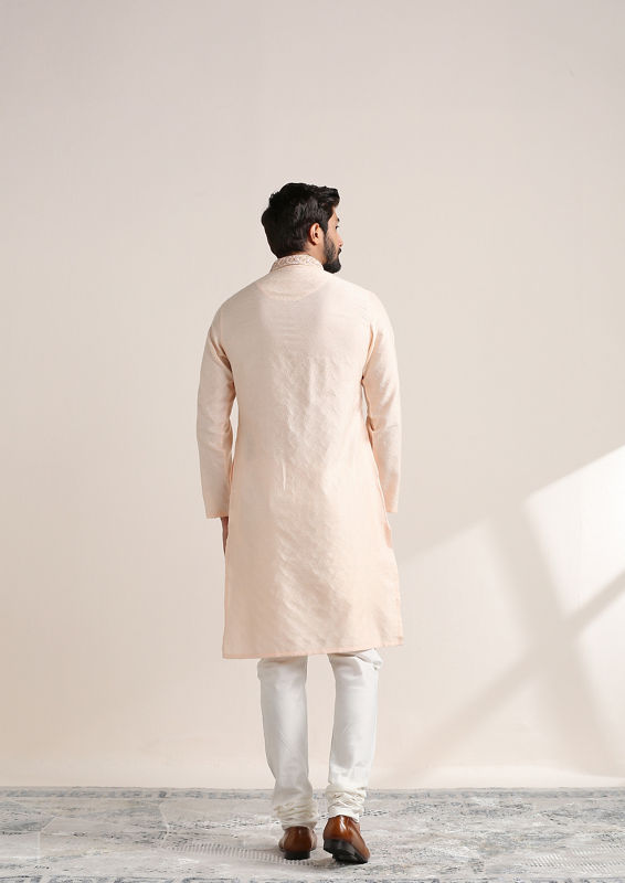 Twamev Men Cream Pink Embroidered Neck Kurta Set