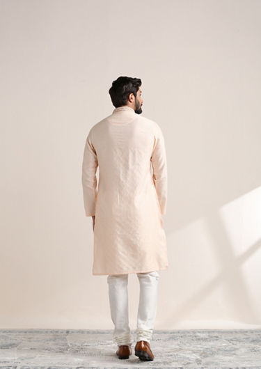 alt message - Twamev Men Cream Pink Embroidered Neck Kurta Set image number 3