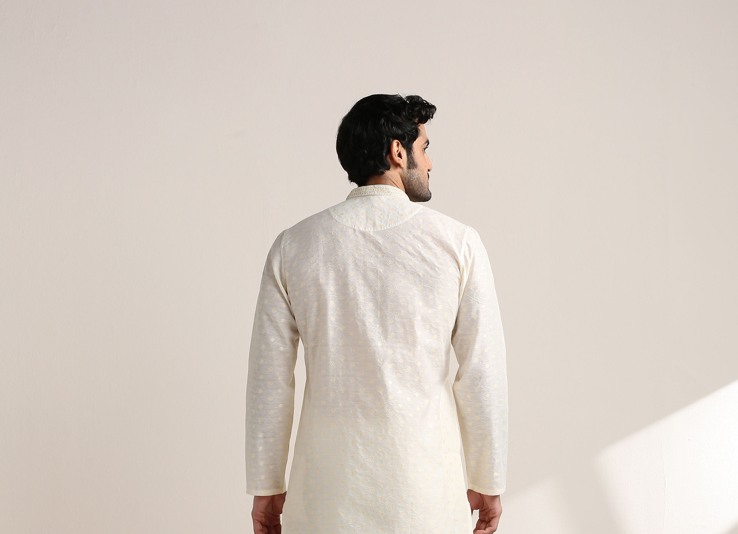 Twamev Men Cannoli Cream Jacquard Patterned Kurta Set