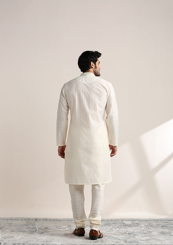 Twamev Men Cannoli Cream Jacquard Patterned Kurta Set