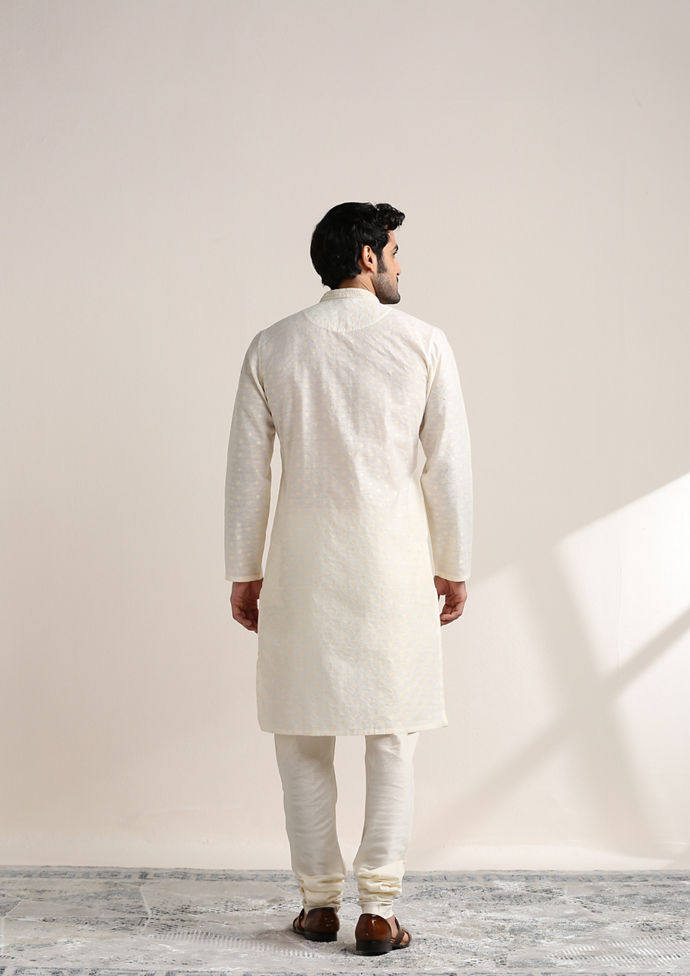 Twamev Men Cannoli Cream Jacquard Patterned Kurta Set
