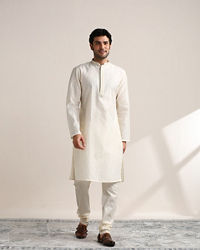 Twamev Men Cannoli Cream Jacquard Patterned Kurta Set