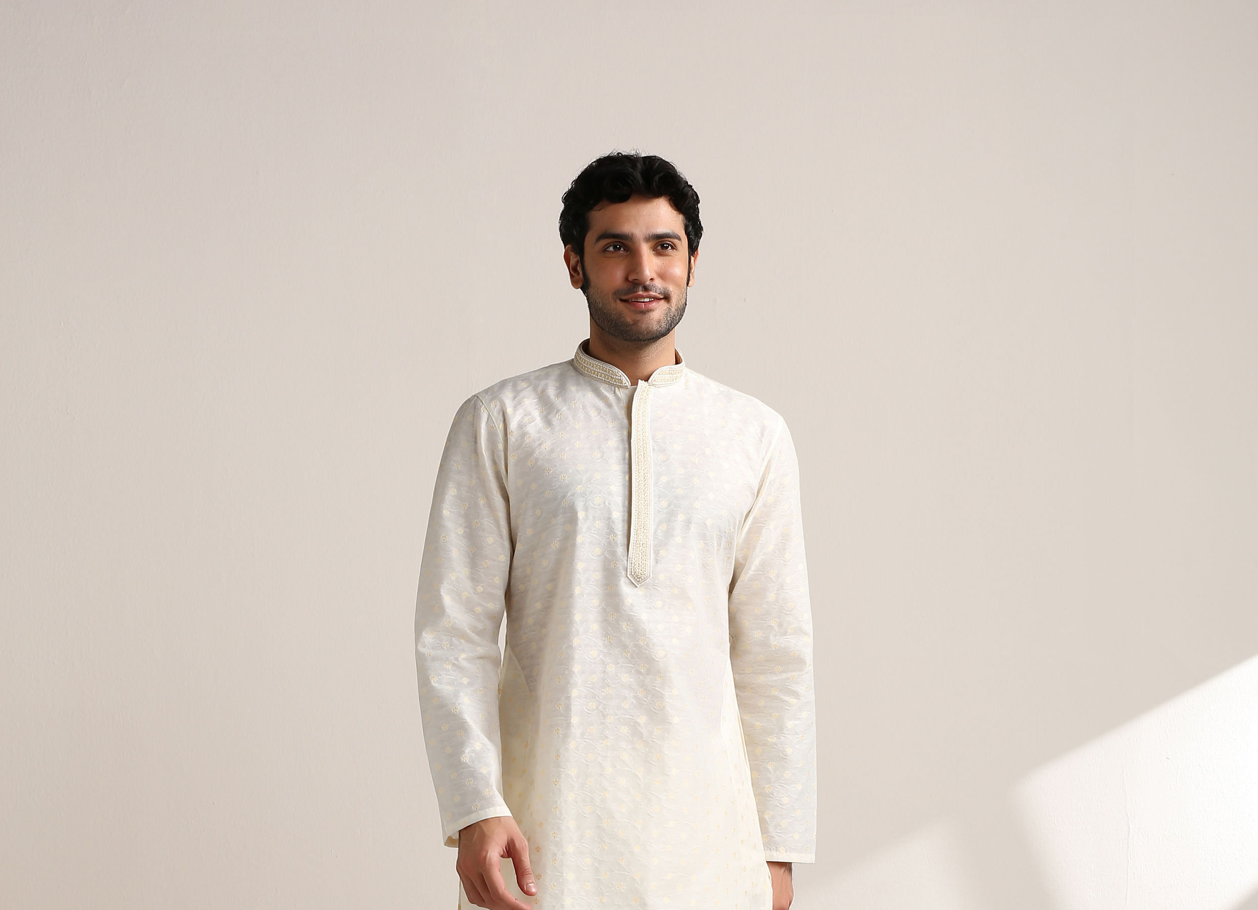Twamev Men Cannoli Cream Jacquard Patterned Kurta Set