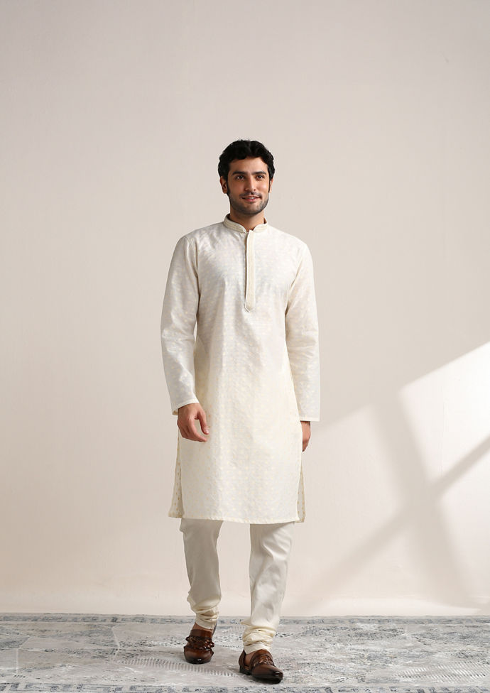 Twamev Men Cannoli Cream Jacquard Patterned Kurta Set
