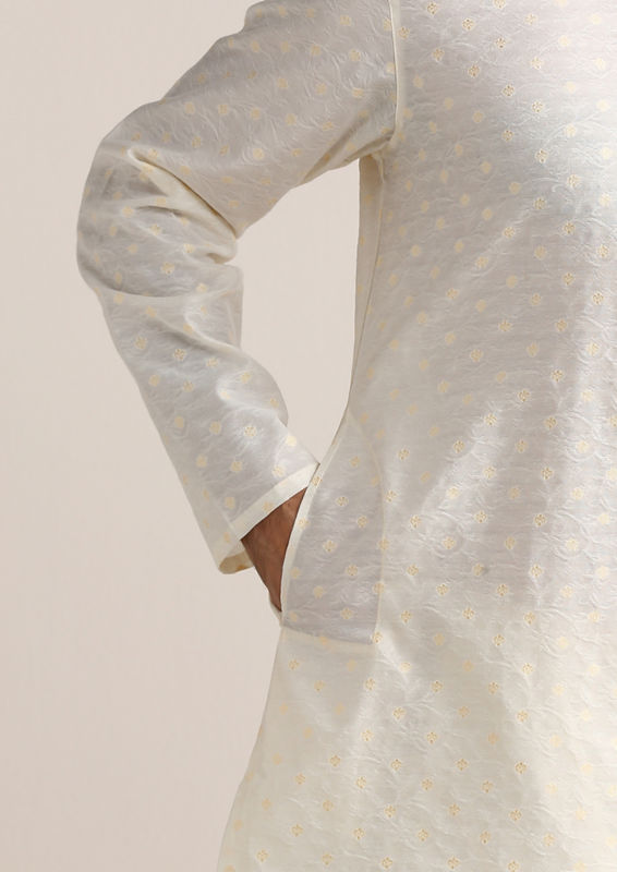 Twamev Men Cannoli Cream Jacquard Patterned Kurta Set
