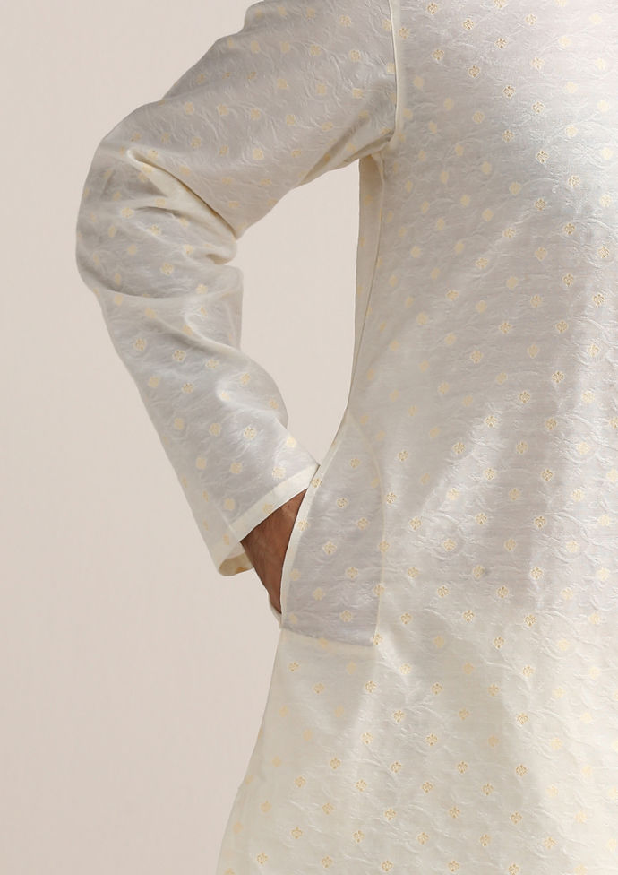 Twamev Men Cannoli Cream Jacquard Patterned Kurta Set