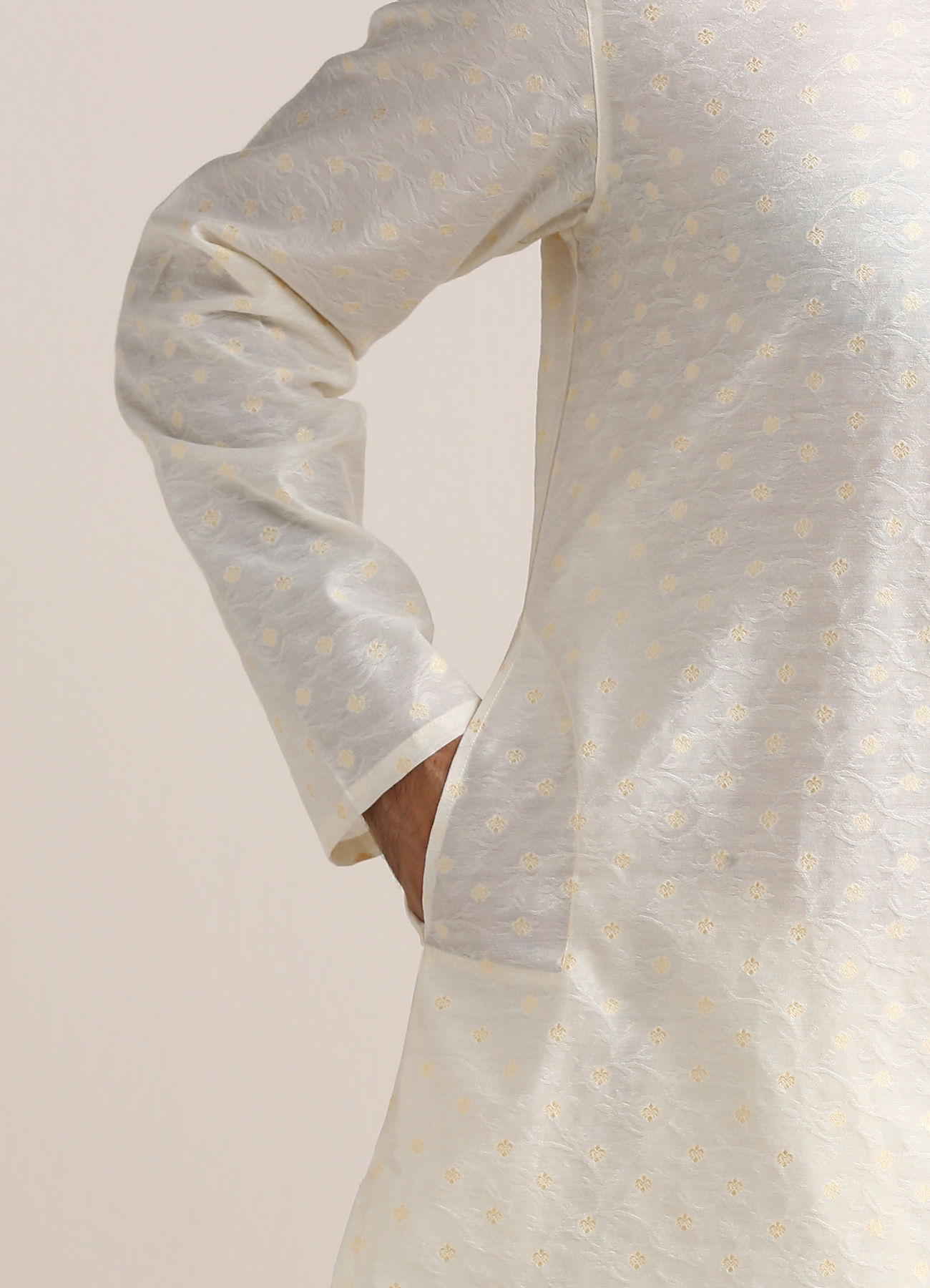 Twamev Men Cannoli Cream Jacquard Patterned Kurta Set