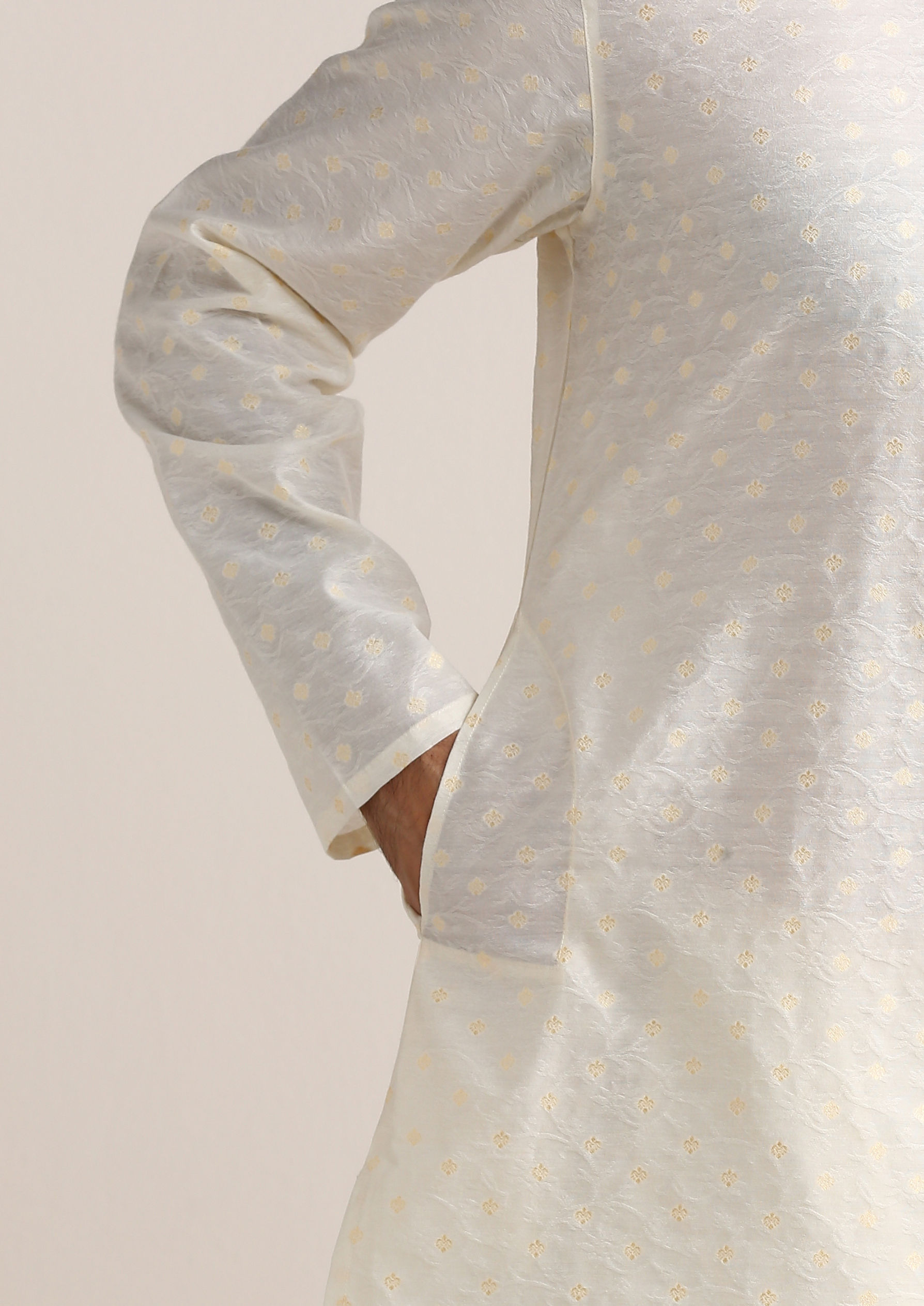 Twamev Men Cannoli Cream Jacquard Patterned Kurta Set