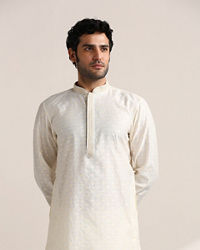 Twamev Men Cannoli Cream Jacquard Patterned Kurta Set