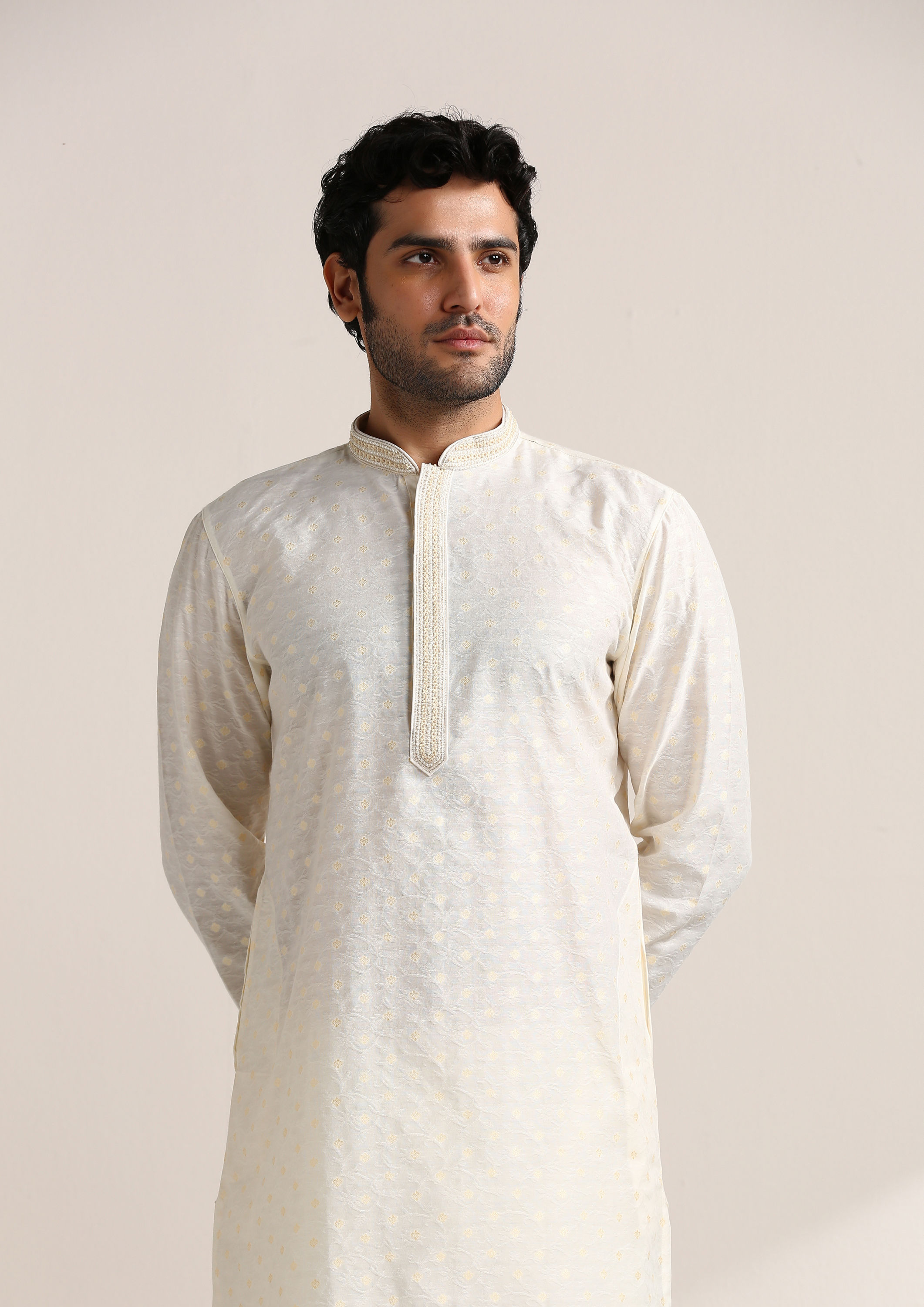Twamev Men Cannoli Cream Jacquard Patterned Kurta Set