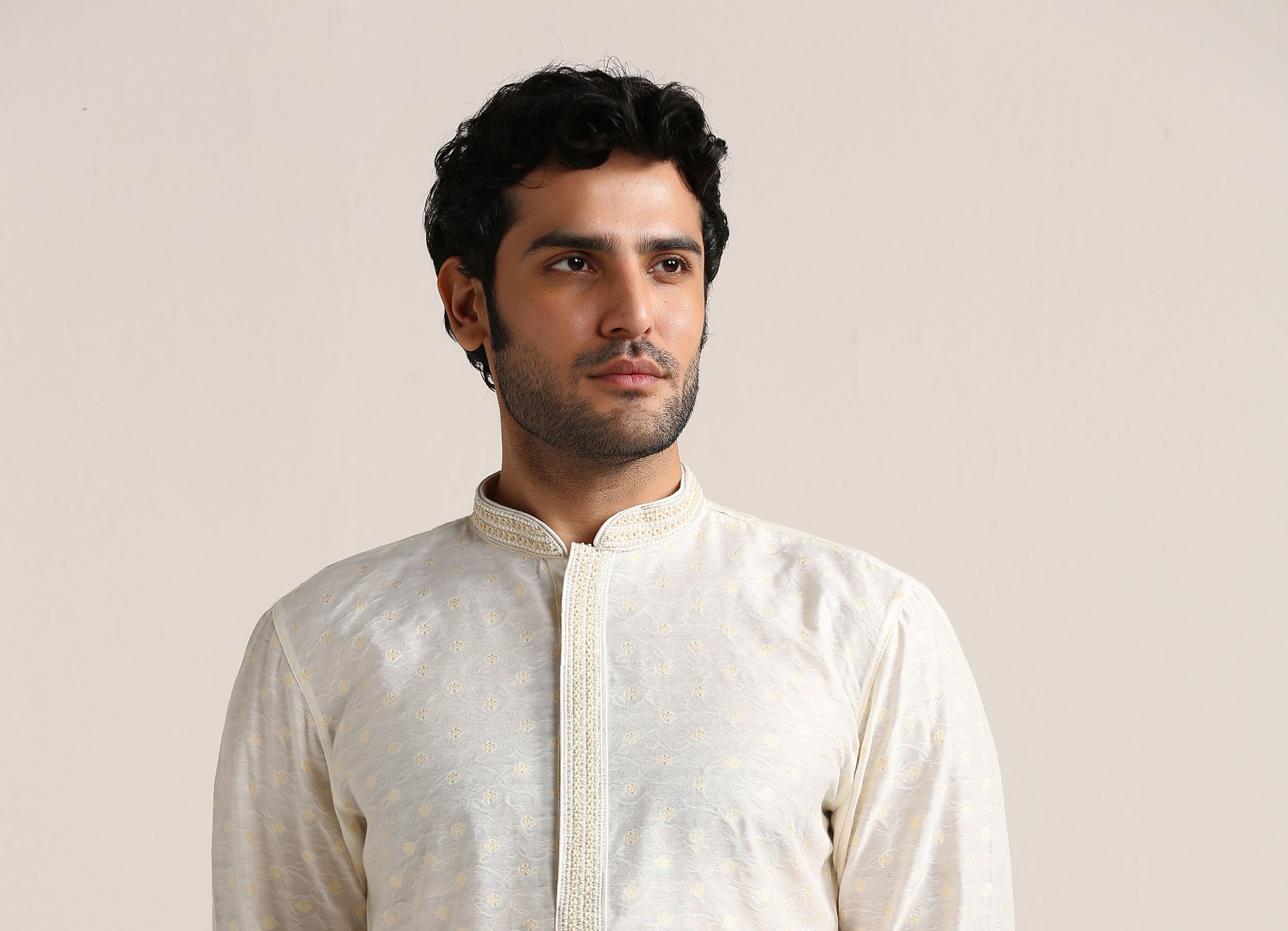 Twamev Men Cannoli Cream Jacquard Patterned Kurta Set
