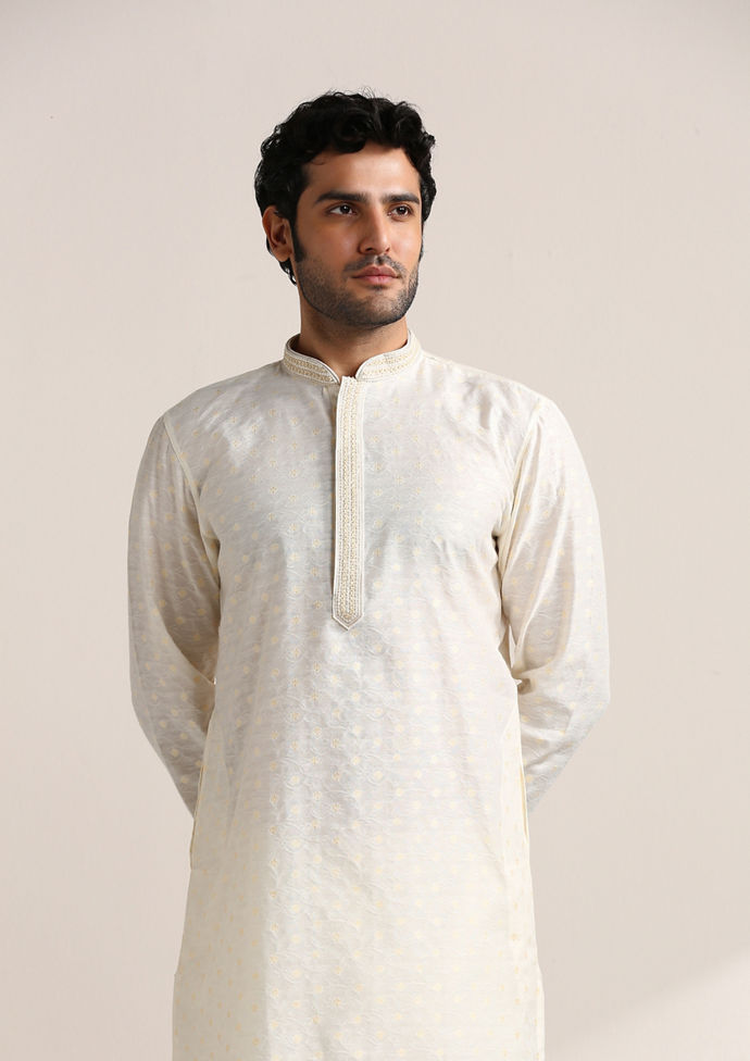 Twamev Men Cannoli Cream Jacquard Patterned Kurta Set