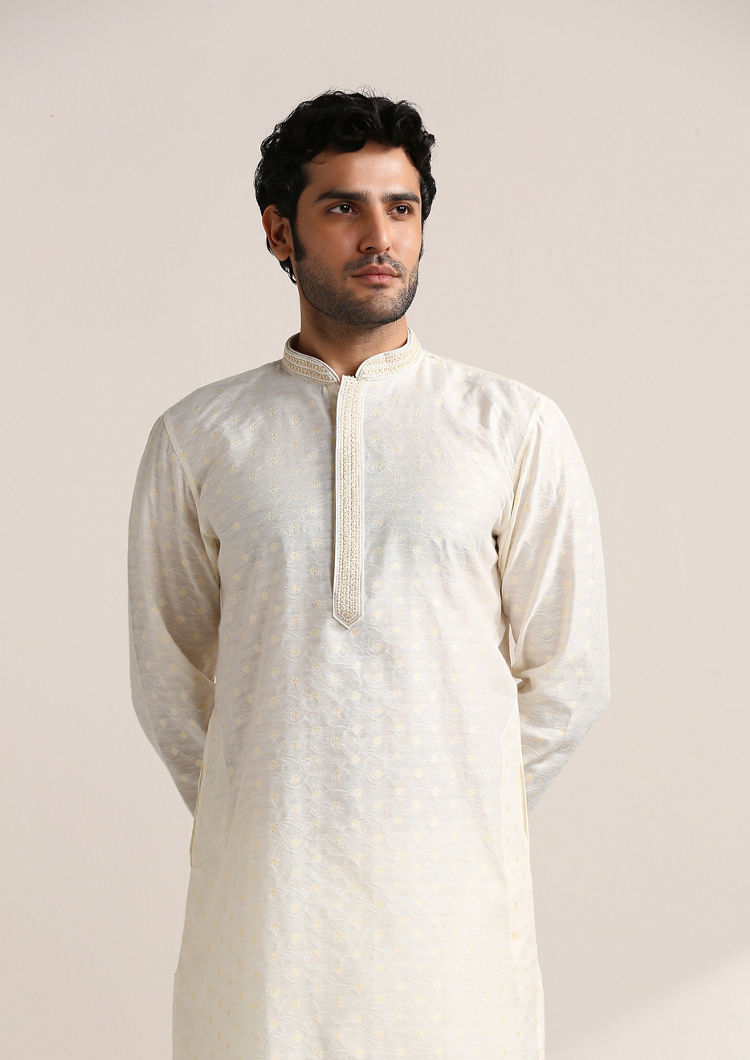 Twamev Men Cannoli Cream Jacquard Patterned Kurta Set