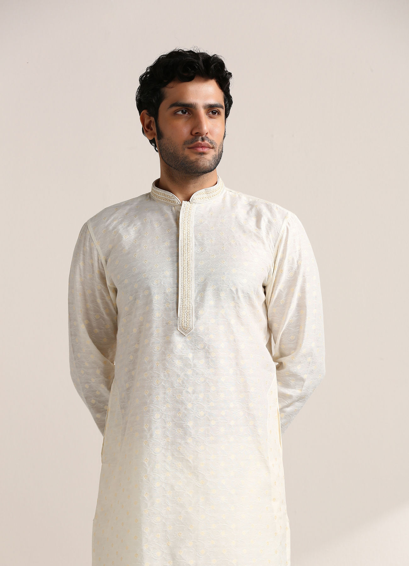 Twamev Men Cannoli Cream Jacquard Patterned Kurta Set