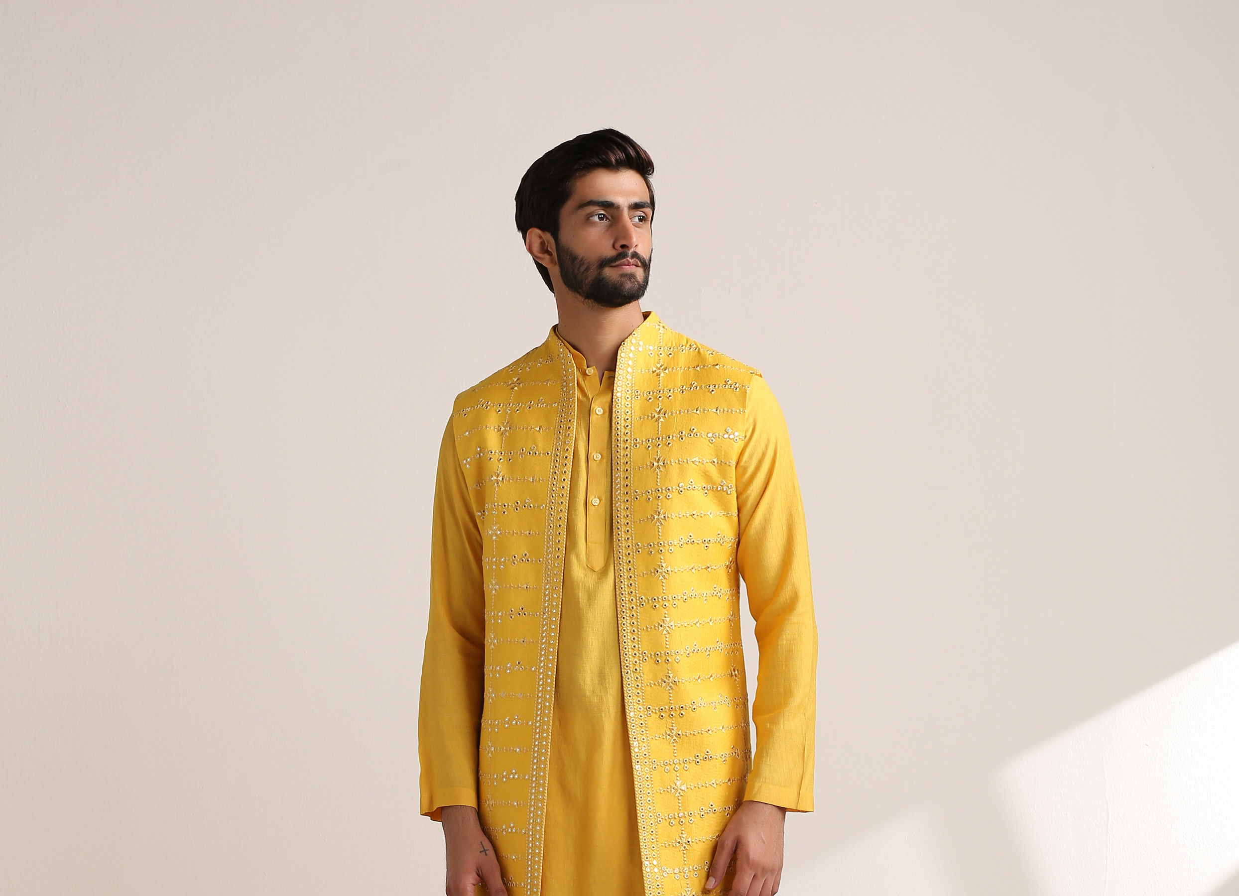 Twamev Men Illuminating Yellow Shisha Embroidered Kurta Jacket Set