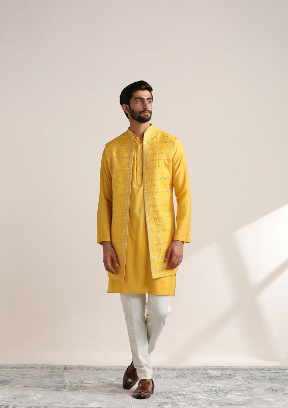 Twamev Men Illuminating Yellow Shisha Embroidered Kurta Jacket Set