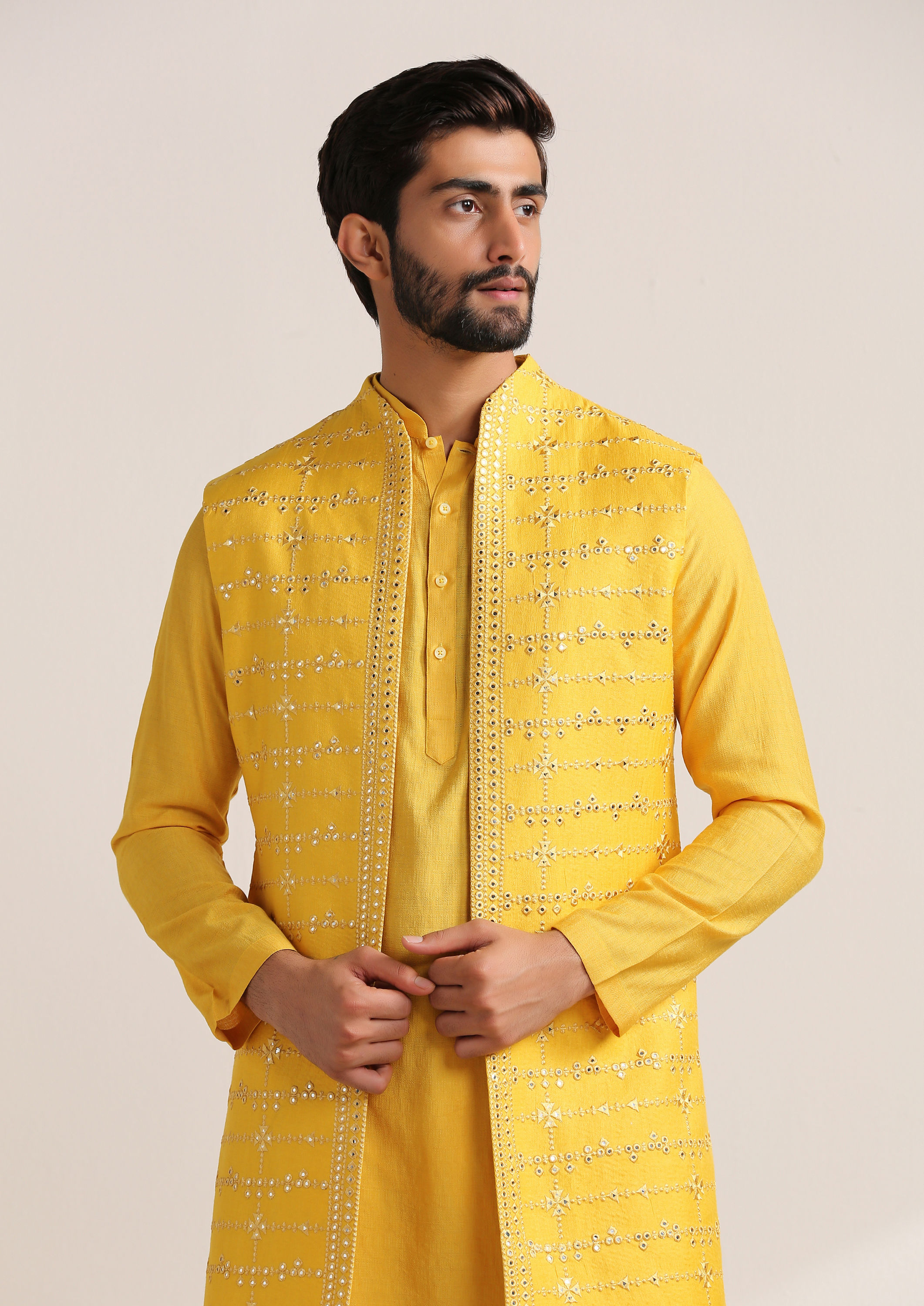 Twamev Men Illuminating Yellow Shisha Embroidered Kurta Jacket Set