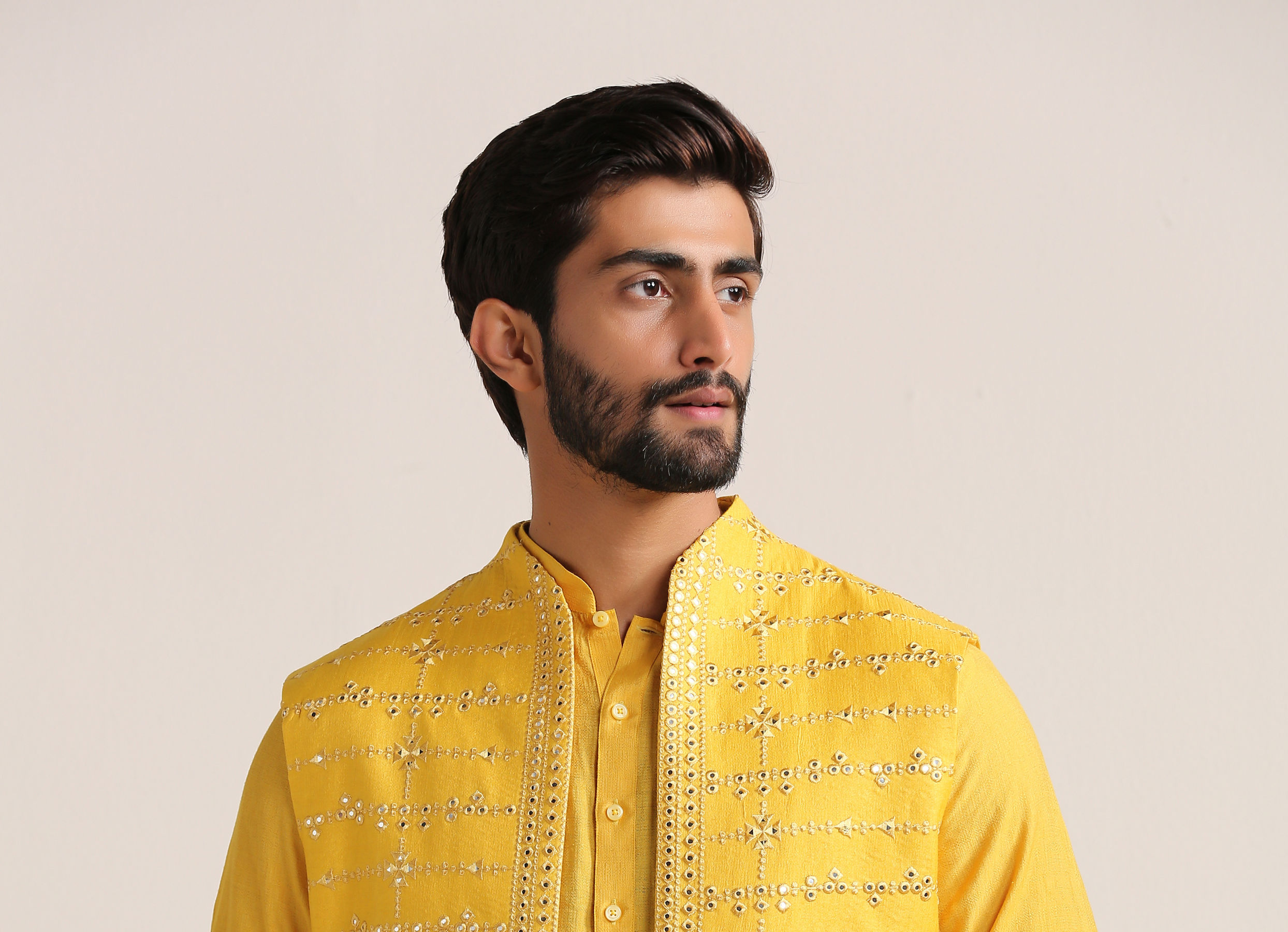 Twamev Men Illuminating Yellow Shisha Embroidered Kurta Jacket Set
