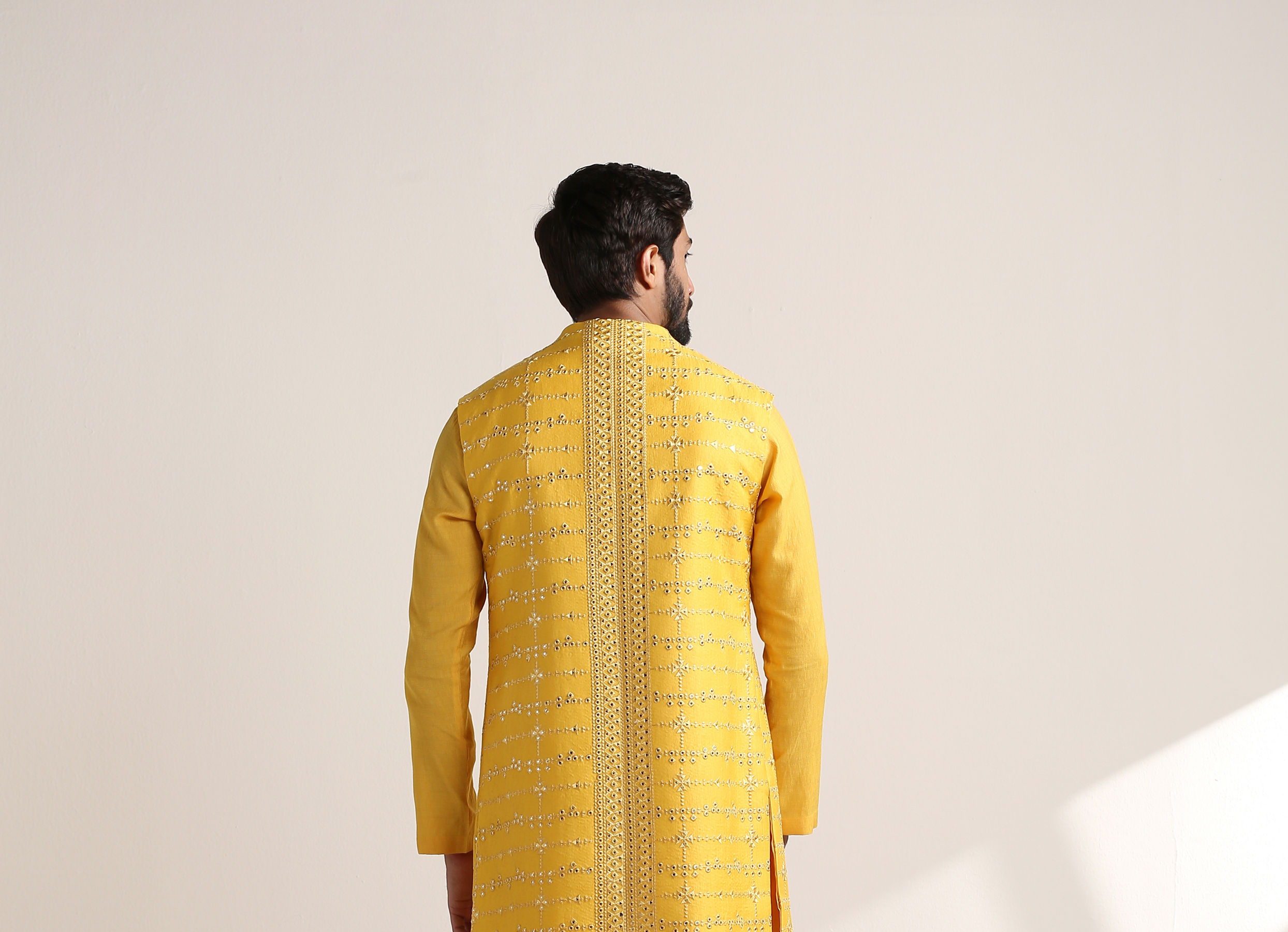 Twamev Men Illuminating Yellow Shisha Embroidered Kurta Jacket Set