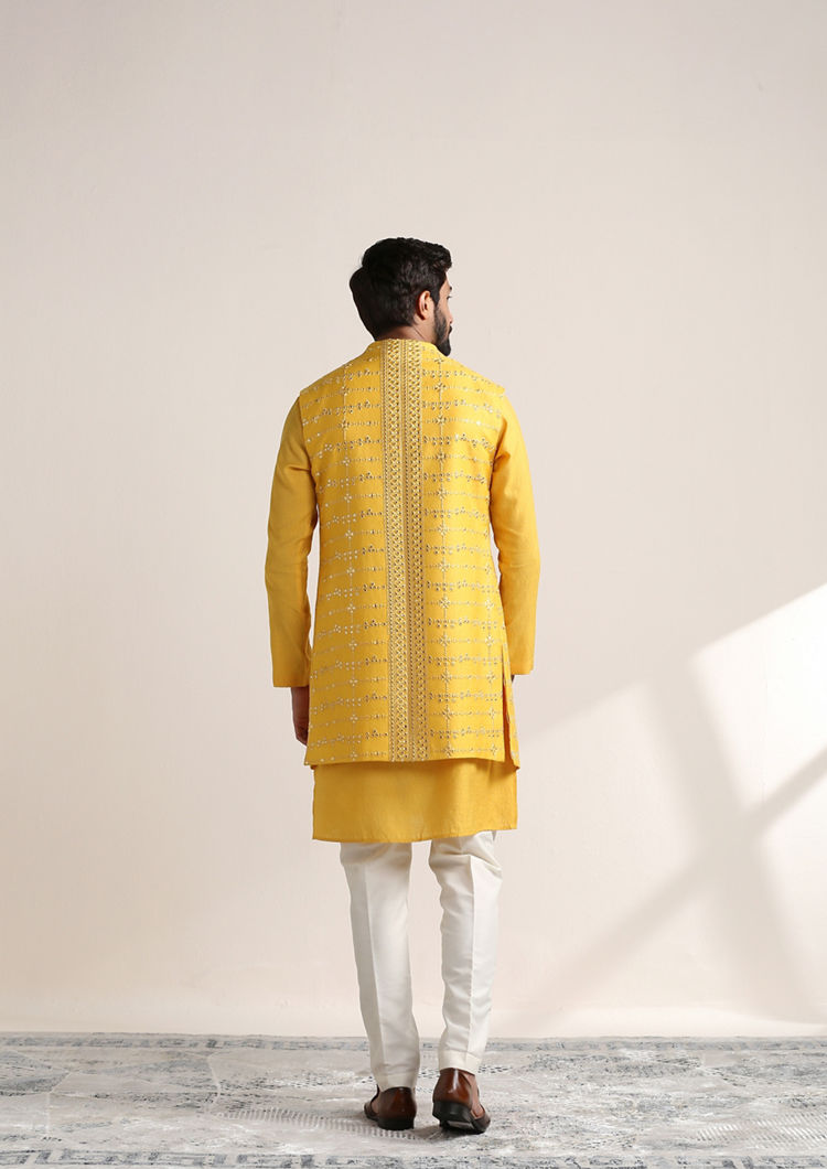 Twamev Men Illuminating Yellow Shisha Embroidered Kurta Jacket Set