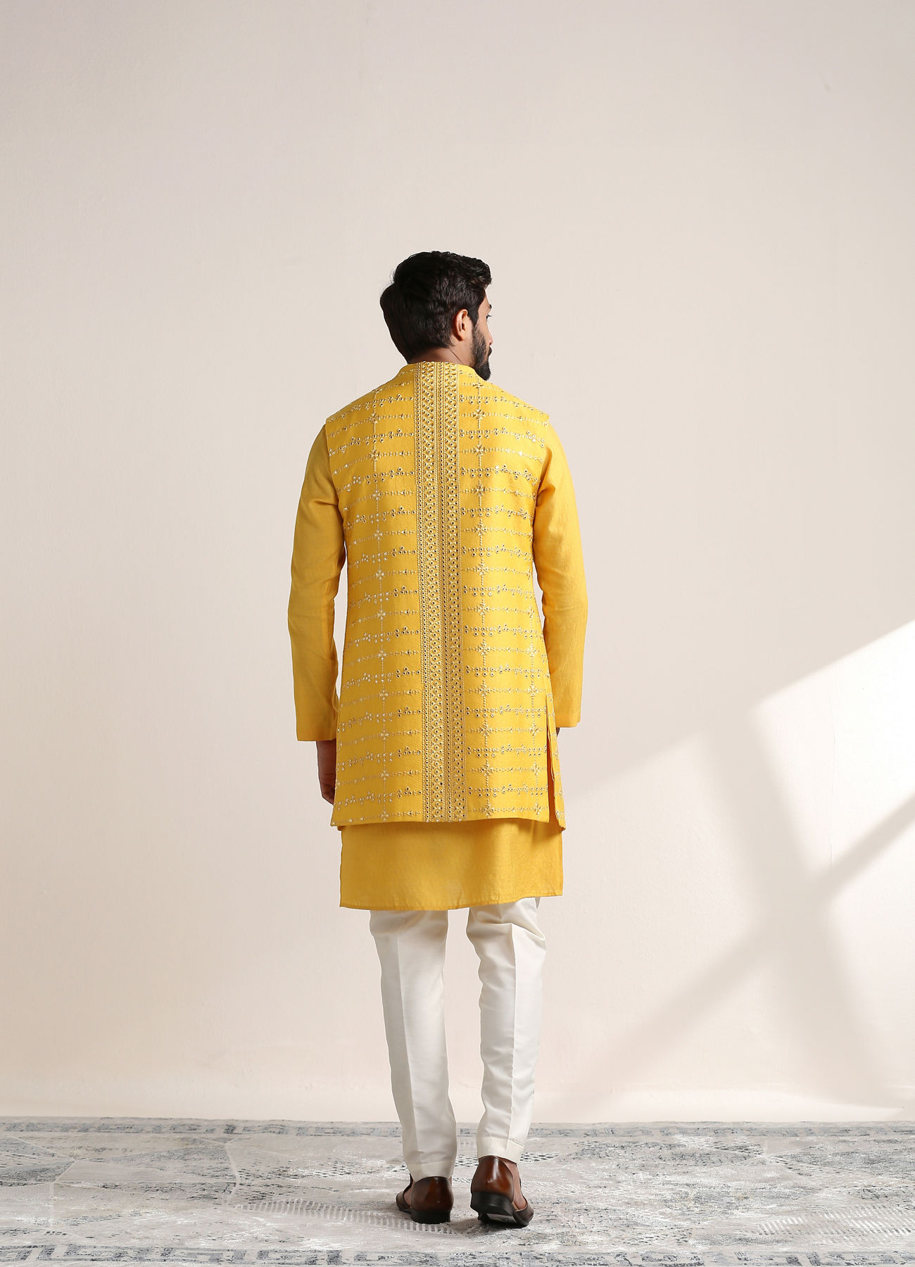 Twamev Men Illuminating Yellow Shisha Embroidered Kurta Jacket Set