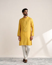 Twamev Men Illuminating Yellow Shisha Embroidered Kurta Jacket Set