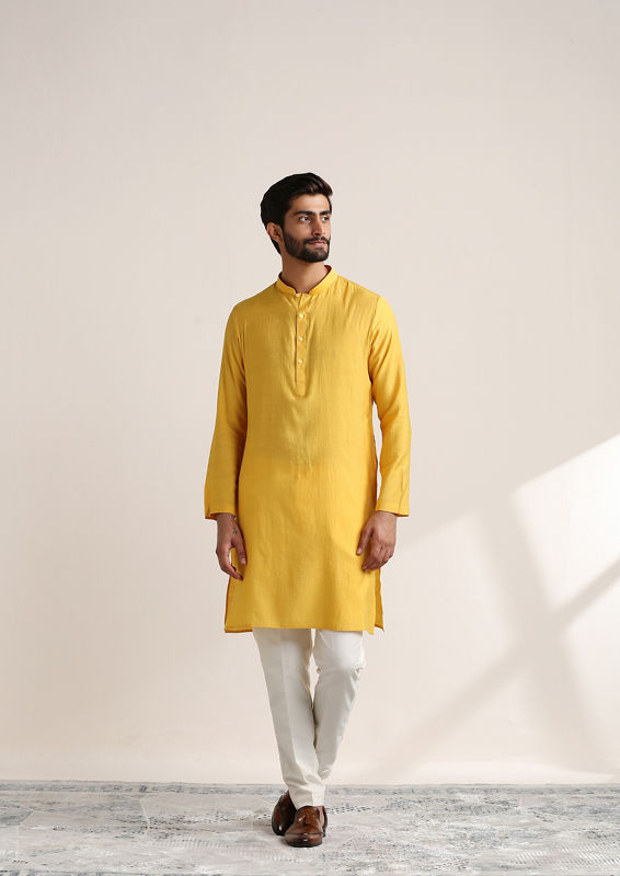 Twamev Men Illuminating Yellow Shisha Embroidered Kurta Jacket Set