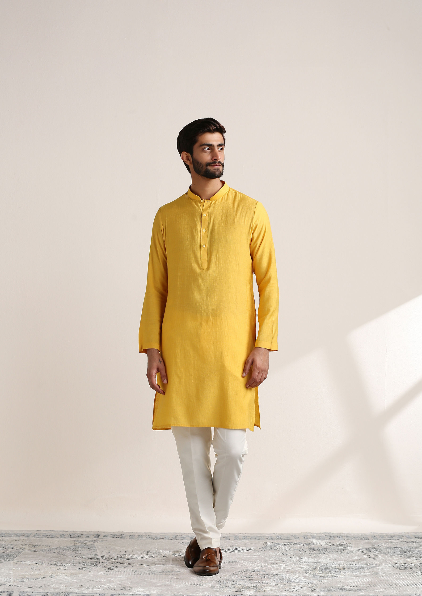 Twamev Men Illuminating Yellow Shisha Embroidered Kurta Jacket Set