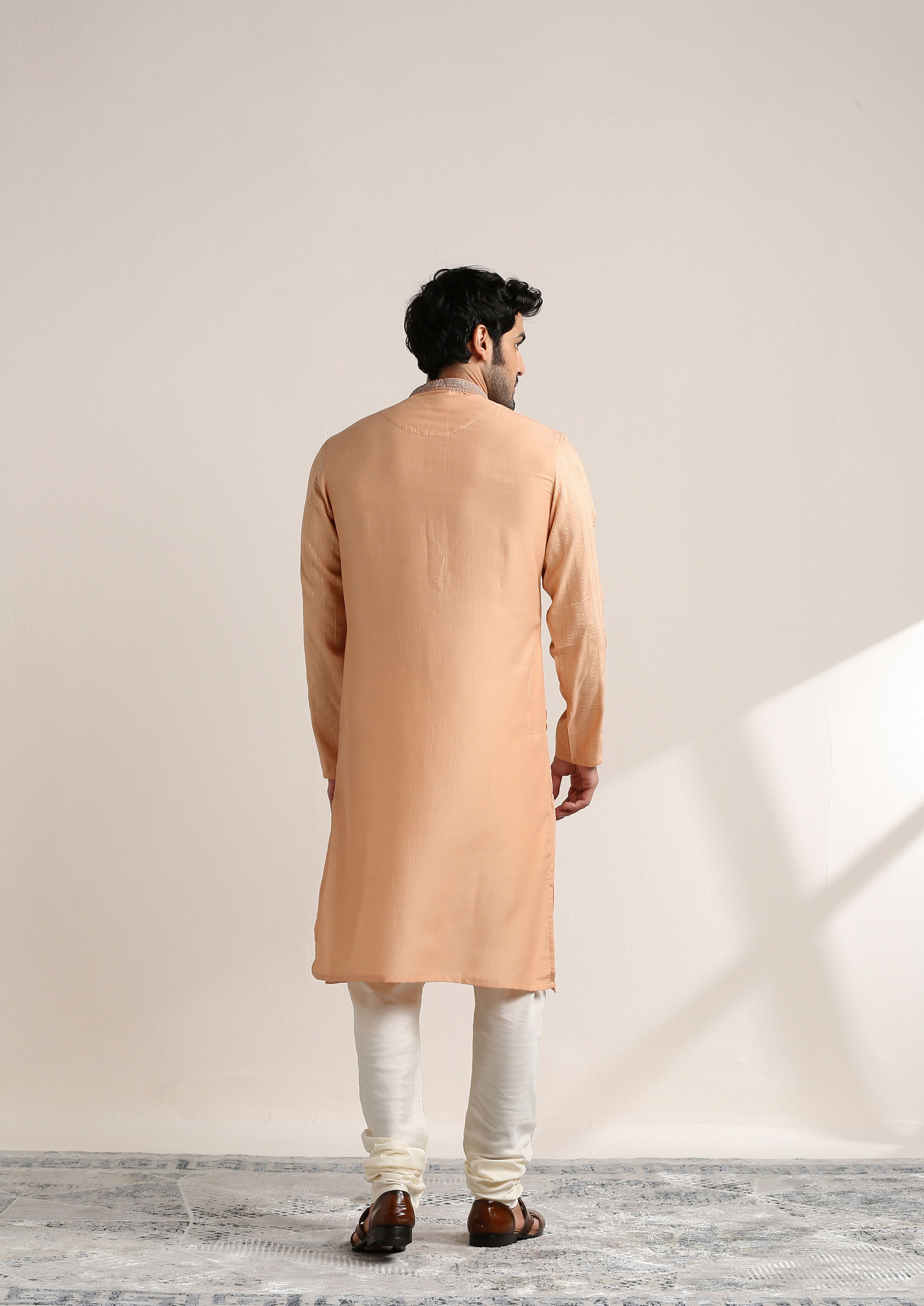 Twamev Men Peach Nectar Pink Embroidered Neck Kurta Set