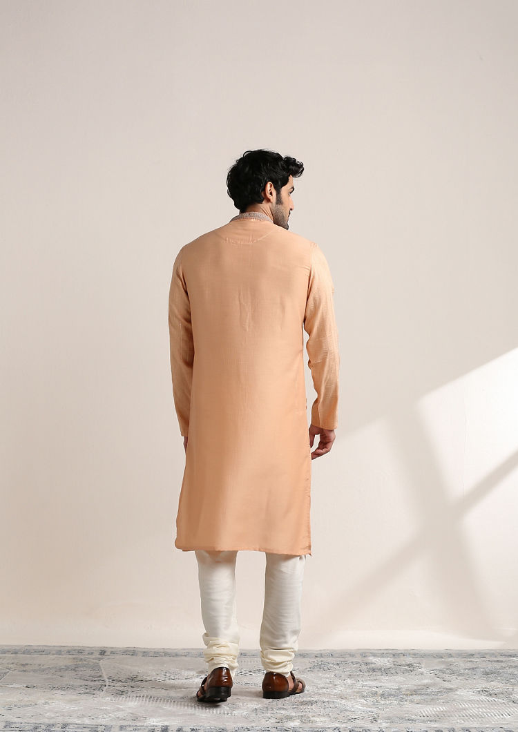 Twamev Men Peach Nectar Pink Embroidered Neck Kurta Set