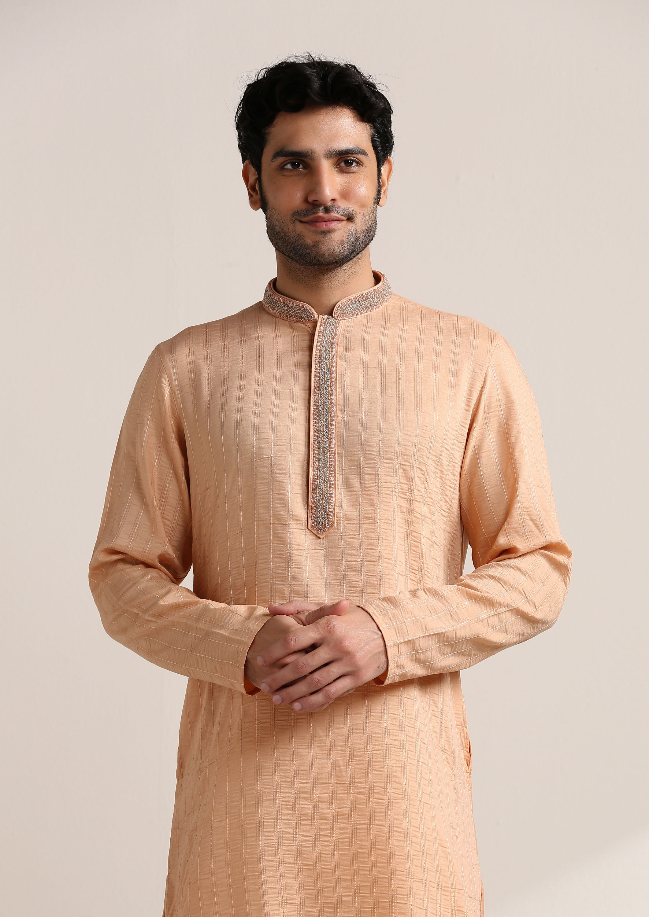 Twamev Men Peach Nectar Pink Embroidered Neck Kurta Set