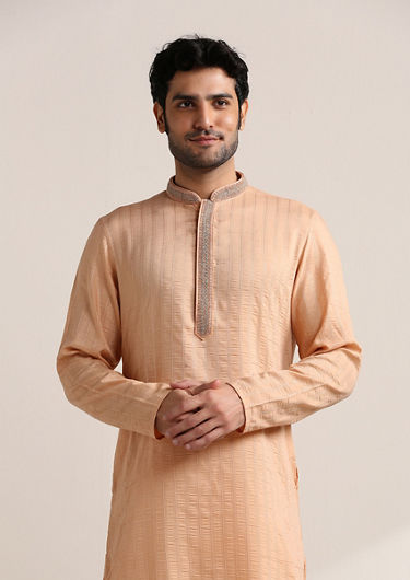 alt message - Twamev Men Peach Nectar Pink Embroidered Neck Kurta Set image number 0