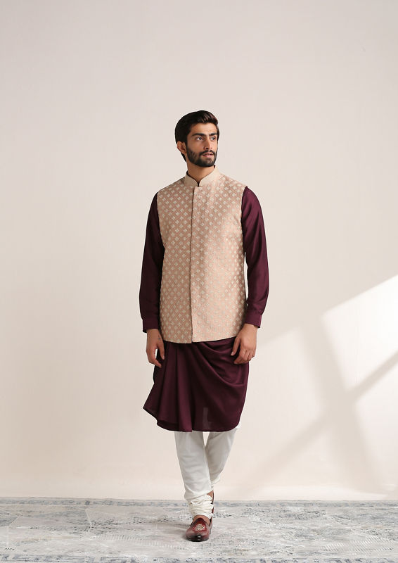 Twamev Men Regal Rani And Wine Kurta Jacket Set