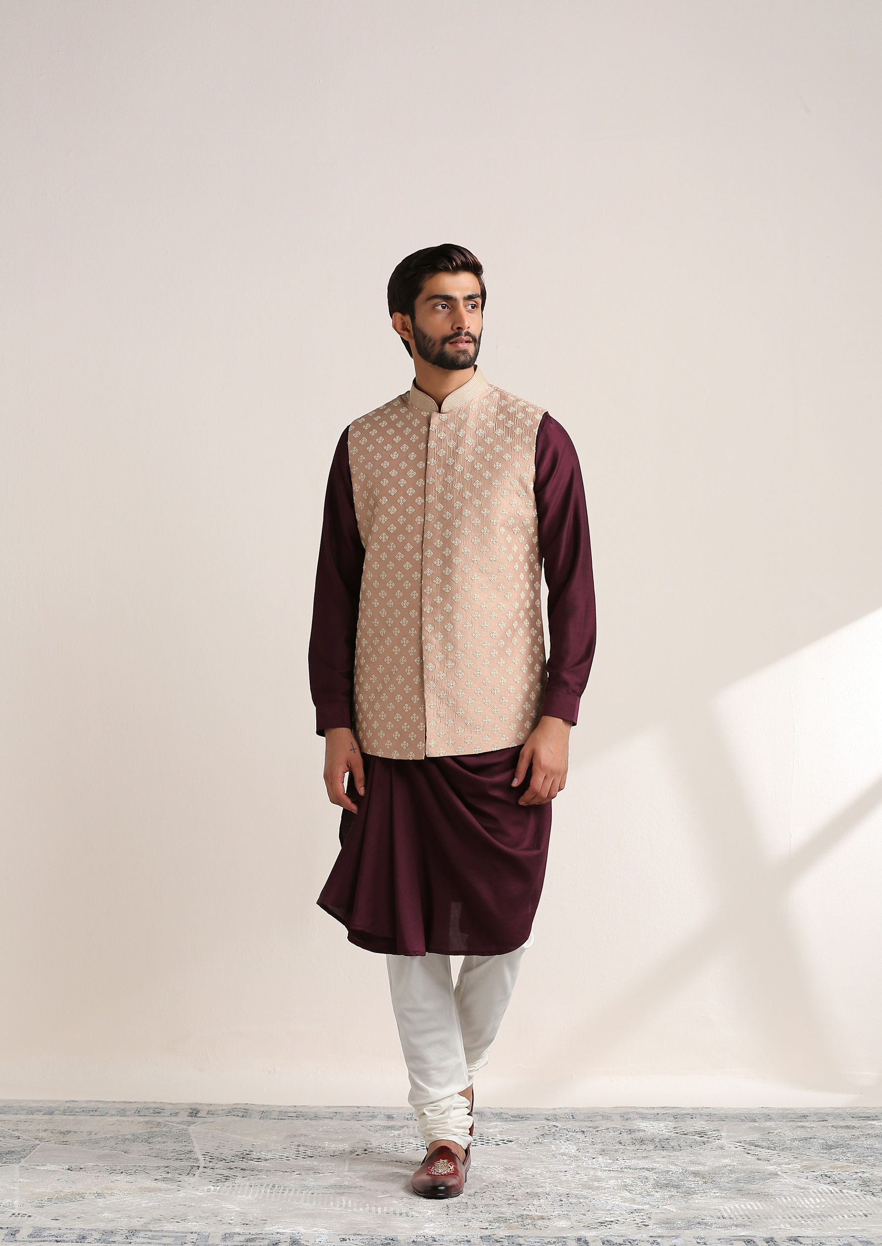 Twamev Men Regal Rani And Wine Kurta Jacket Set