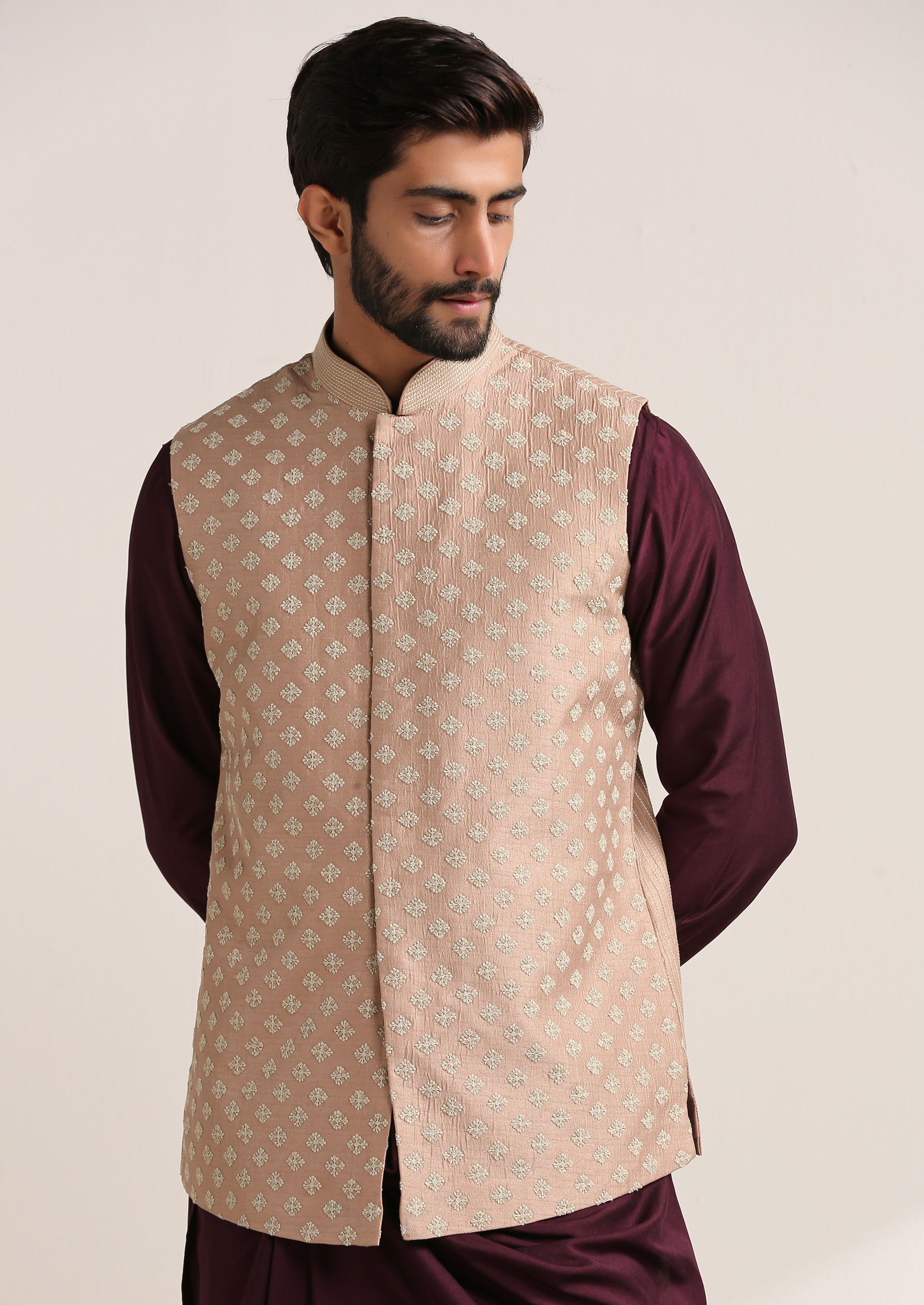 Twamev Men Regal Rani And Wine Kurta Jacket Set