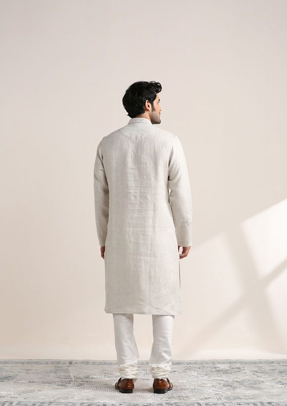 Twamev Men Lily White Embroidered Placket Kurta Set