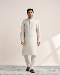 Twamev Men Lily White Embroidered Placket Kurta Set