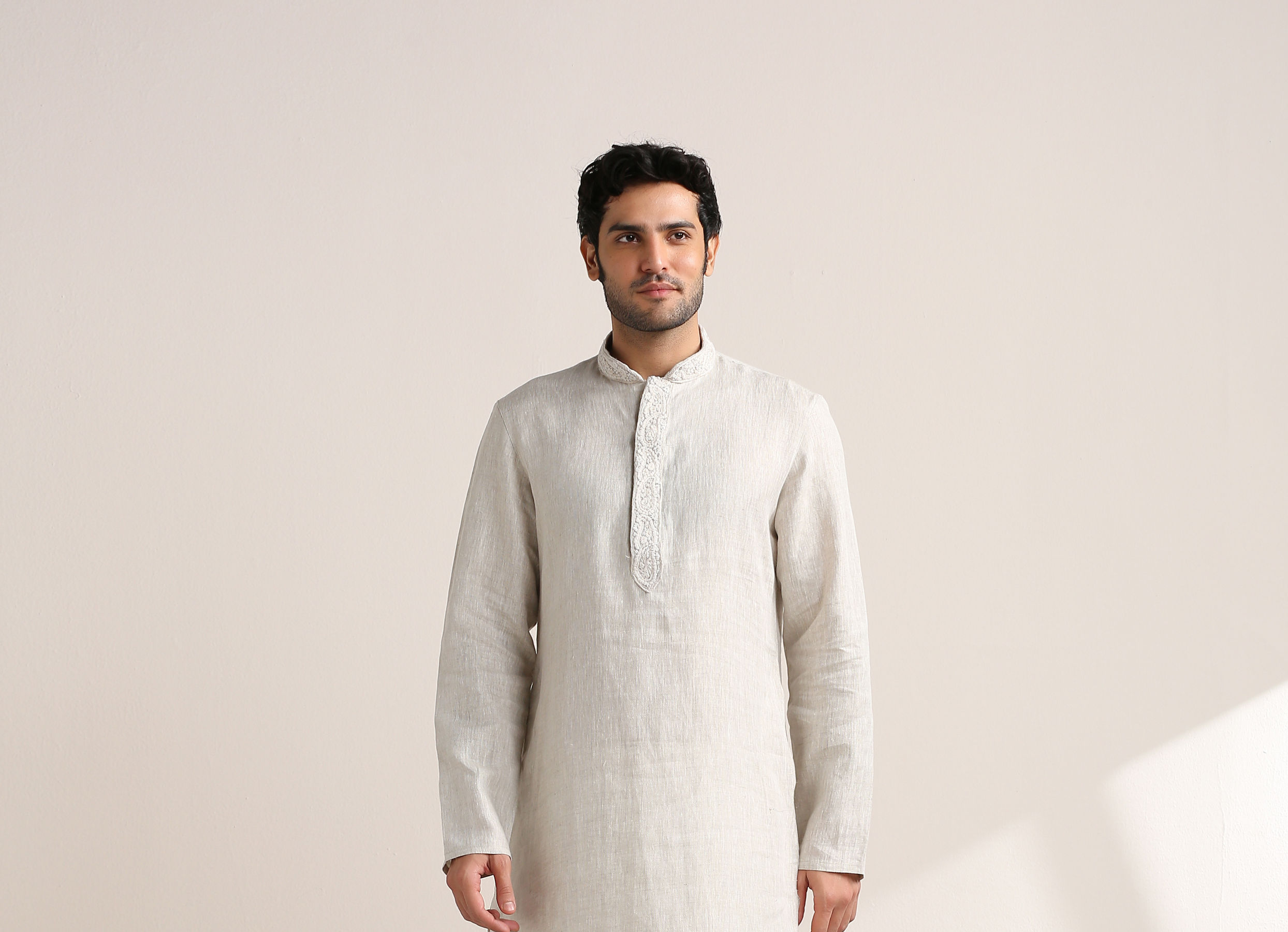 Twamev Men Lily White Embroidered Placket Kurta Set