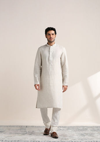 alt message - Twamev Men Lily White Embroidered Placket Kurta Set image number 2